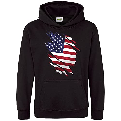 Image of Purple Print House Torn Effect USA Flag Kids Hoodie, Funny Ideas For Boys and Girls,American Soccer Supporters Flag Pull Over Hooded Top, 7-8 Years, Black