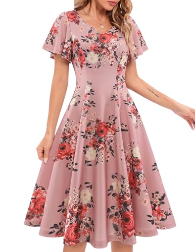 Image of HomRain Wedding Guest Dresses for Women Vintage Short Sleeves Casual Fit and Flare Cocktail Formal Dress for Tea Party