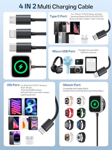 Chargeur pour Apple Watch, 4 dans 2 Câble de recharge multi-cargos pour téléphone, USB C Câble pour iPhone 17-11 iWatch Ultra 10-2 Galaxy S25-S20 Téléphones Android Kindle, MP3-Black,5FT