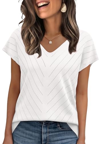 WIHOLL Womens Summer Tops Trendy Casual Cap Short Sleeve Sweater Beach Vacation Clothes Travel Outfits 2026 Casual V Neck T Shirts Soft Cute Spring Tops Tshirts Shirts for Women White L