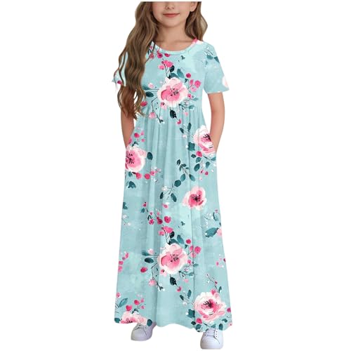 Girls Short Sleeve Maxi Dress Floral Print Summer Casual High Waisted Pleated Long Dresses with Pockets