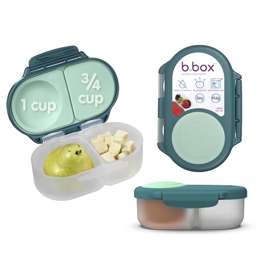 Image of b.box Snack Box - Leakproof Mini Bento Box for Kids & Toddlers, 2 Compartment Snack Containers for Kids, Lunch Containers, Dishwasher Safe, BPA Free, PFAS Free, Ages 4m+, 1 3/4 Cup - Emerald Forest