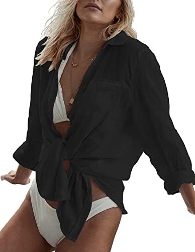 LaLaLa Women’s Summer Casual Swimsuit Cover Ups Button Down V Neck Beach Swimwear Bathing Suit Cover Up Shirts