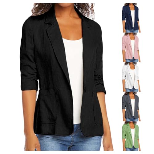 Linen Blazer Women Summer Lightweight 3/4 Sleeve Jacket Dressy Open Front Cardigan Business Casual Work Outfits