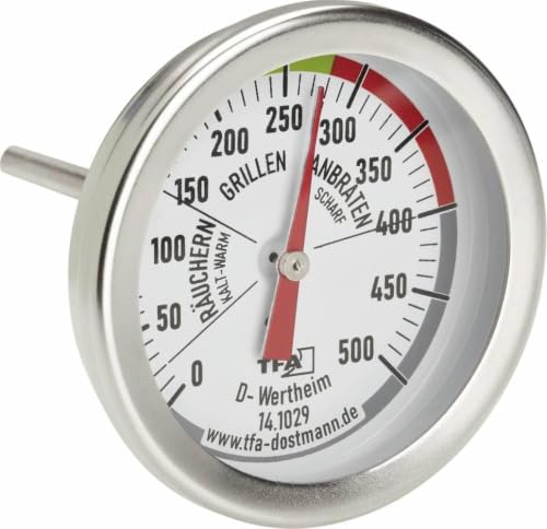 TFA Dostmann 141029 BBQ Thermometer, Analog, 14.1029, zur Garraumtemperaturmessung, für den Grill/Smoker, aus Edelstahl, 18/8, Silber, Ø 52 x H...