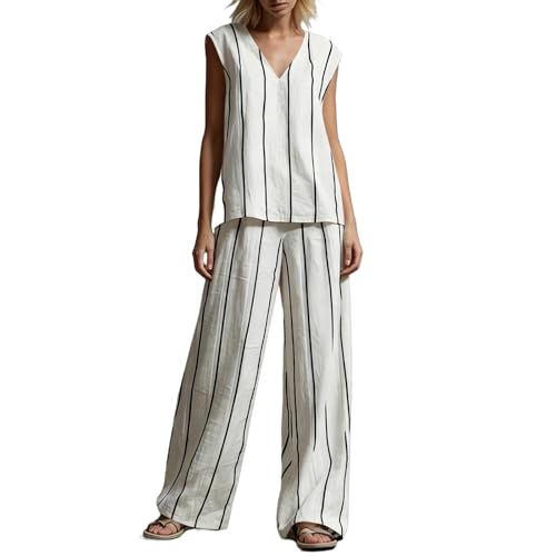 Ensemble 2 pièces pour femme en maille rayée avec gilet col en V et pantalon large confort