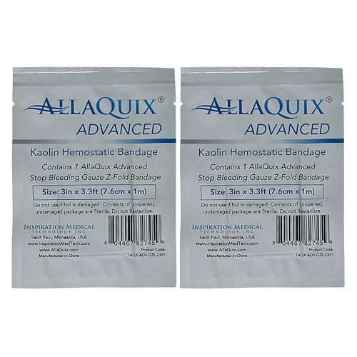 AllaQuix Advanced: Kaolin Hemostatic Bandage - Sterile Z-Fold Clotting Gauze (3 in. x 3.3 feet - Small) (2 Pack)