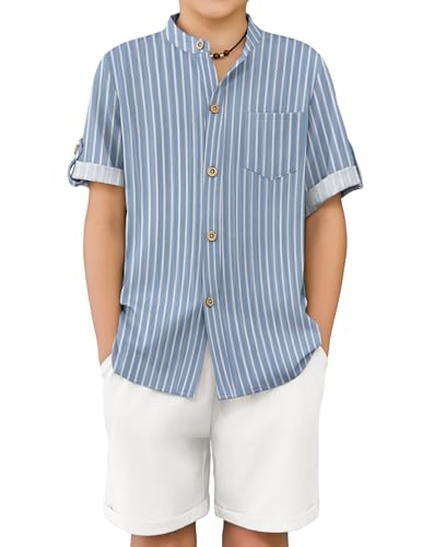 Image of Arshiner Boy's 2 Piece Beach Outfit Short Sleeve Textured Button Down Shirt and Short Sets Summer Vacation Wear 4-12 Years