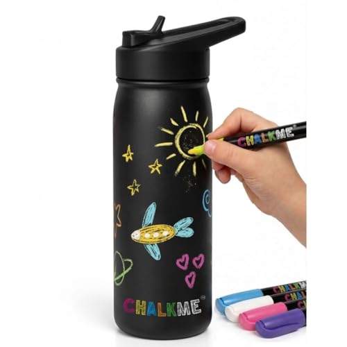 CHALKME Kids Water Bottle 20oz Stainless Steel Vacuum Insulated with Washable Chalk Markers Included Decorate Your Own Water Bottle Reusable Gift for Boys and Girls