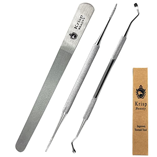 Ingrown Toenail Kit, Double Ended Toe Nail Lifter Dual Sided Nail File Fingernail Cleaner Trimmer Stainless Steel Spa Salon Quality Manicure Pedicure Grooming Nail Care Tools 3 Pc Set by Krisp Beauty