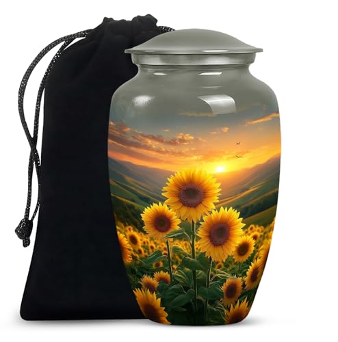 Image of Sunset Sunflower Urn for Ashes - Funeral Urns for Adult Ashes Women - Yellow Sunflower Urn for Human Adult Male and Female - Cremation Urns for Adult Mom and Dad 10inch and 200 Cubic Inches