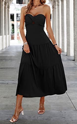 Image of ECOWISH Women's Summer Strapless Maxi Dress 2026 Off Shoulder Hollow Out Smocked A Line Tube Tiered Long Dresses