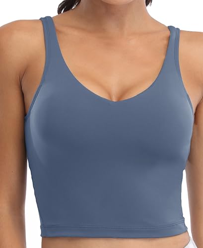 Image of Oalka Sports Bra Womens Longline Padded Crop Yoga Tank Tops | Built in Bras, Workout, Athletic, Fitness, Super Soft, Comfort, Cropped Top, Removable Pads, Heart Neckline For Women