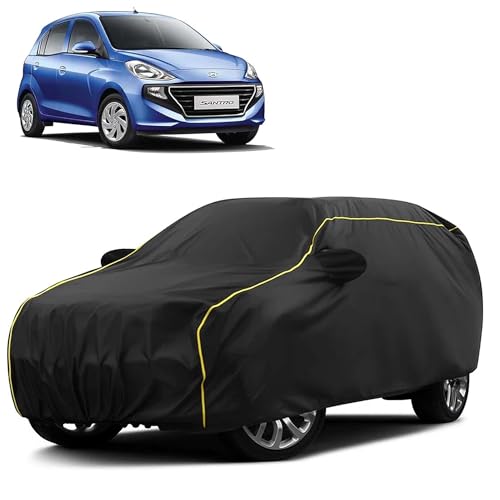 Image of Sulfar 100% Water Resistant Car Body Cover Compatible with Mirror for Hyundai Santro (Triple Stitched, Full Bottom Elastic, Black Taffeta with Yellow Piping)