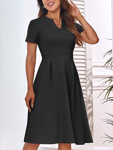 Image of YATHON Womens Elegant Print Notched Neck Slant Pocket Pleated Hem Casual A-Line Dress
