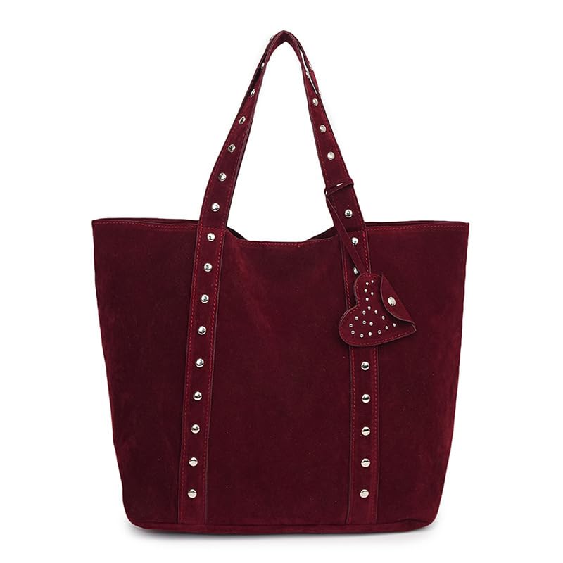 Bolsas de mano holgadas para mujer, gran capacidad, con asa superior, remaches vintage, de piel de gamuza, para el trabajo, la escuela, viajes, compras, Burgundy, 45*12*30 cm / 17.7*4.7*11.8 inch