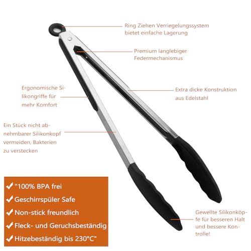 Pinze da cucina resistenti al calore 230 °C, pinze da cucina premium con chiusura e punte in silicone, pinze antiscivolo per cucinare, antiaderente, robusto manico in acciaio inox, set da 3 – 18/23/30 - immagine 6