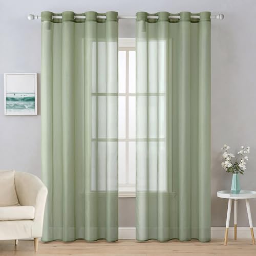 MIULEE Solid Color Sheer Curtains 84 Inches Long 2 Panels Set - Elegant Lightweight Grommet Light Filtering Window Voile Panels/Drapes/Treatment for Bedroom Living Room W54 x L84 Inch Sage Green