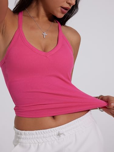Image of Danysu V Neck Racer Back Tank Top for Women Padded Ribbed Long Tank Fitted Basic Cami Tops
