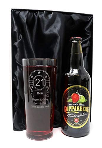 Personalised Engraved Birthday Pint Cider Glass For Son on his 18th or 21st Birthday. Gift For Dad - Birthday Design (Kopparberg Strawberry & Lime Cider, Silk Lined Gift Box) 4% vol