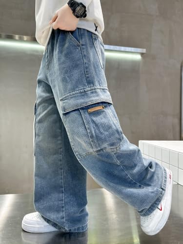 Boys' Loose-fit Workwear Jeans, Fashionable Loose-fit Jeans with Multiple Practical Pockets, Suitable for Casual wear2