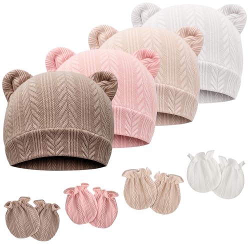 Image of Newborn Baby Hat and Mittens Set Bear Ears Toddler Infant Beanie Caps Newborn Hospital Hat for Baby Boy Girl 0-3 Months