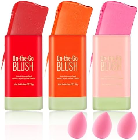 Cream Blush Sticks for Cheeks Gift Set with Makeup Sponges,Lightweight Solid Makeup Blush Stick,Waterproof Cheek Blusher Moisturizer Sticks,Multi-Use Face Stick Kit for Lips,Cheeks and Eyes