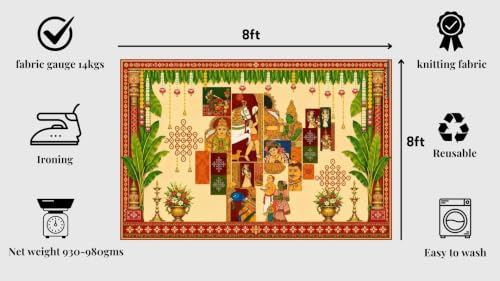 Image of Wedding Backdrop Cloth | Traditional Indian Folk Art Backdrop with Banana Plants and Muggu Art, Festive Backdrop for Home Puja | Backdrop varalakshmi Pooja 8x8 feet
