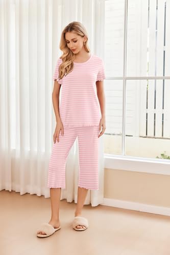 Image of Ekouaer 2 Pack: Women's Pajamas Set Short Sleeve Sleepwear Capri Pants Pjs Soft Loungewear with Pockets