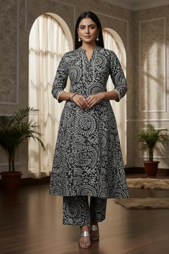Image of ???? Women s Cotton A-Line Kurta Palazzo Set | Printed Ethnic Co-Ord Set for Office Wear & Festive Look | Comfortable Breathable Fabric Kurti Pant Set for Women, Regular Fit