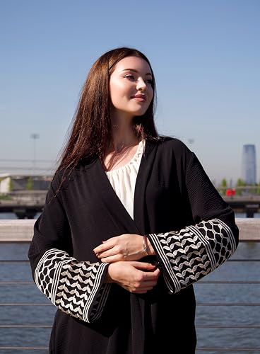 Image of HUSN Serenity Black Robe Open-Front Abaya - Duster Cardigan with Golden Embroidered Sleeves - Womens Duster for Modest Women
