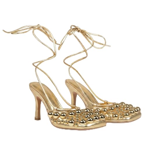 Image of Saint Leia Women's 4IN High Heel Sandals Nude Stiletto Pumps with Gold Silver Pearls Heels for Weddings Parties and Evening Wear