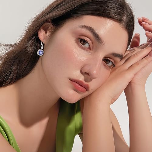 Women Leverback Earrings 925 Sterling Silver Princess Cut Halo Earrings Birthstone Dangle Drop Earrings for Women Her Mom Wife3