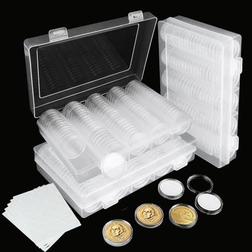 300PCS Coin Capsules Holder (17/20/25/27/30mm) Silver Dollar Coin Holder Clear Plastic Coin Storage Box with Protect Gasket, Round Coin Storage Case for Coin Collection Supplies with Foam Gasket