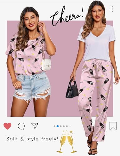 Image of Ekouaer Womens Satin Silky Pajama Set Short Sleeve Shirt with Long Pajama Pant Set Soft PJ Loungewear