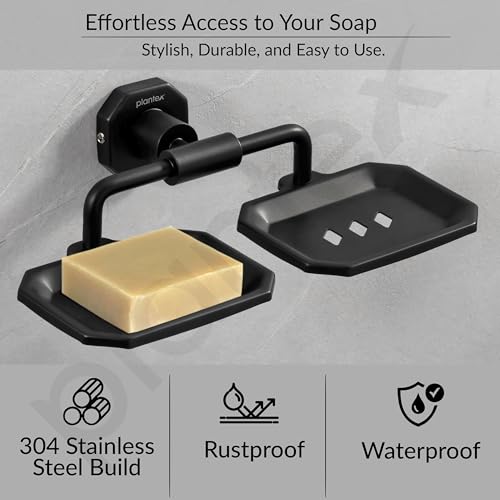 Image of Plantex 304 Grade Stainless Steel Soap Holder for Bathroom /Double Soap Dish /Soap Stand for Kitchen Sink /Bathroom Accessories- Nipron (Black)