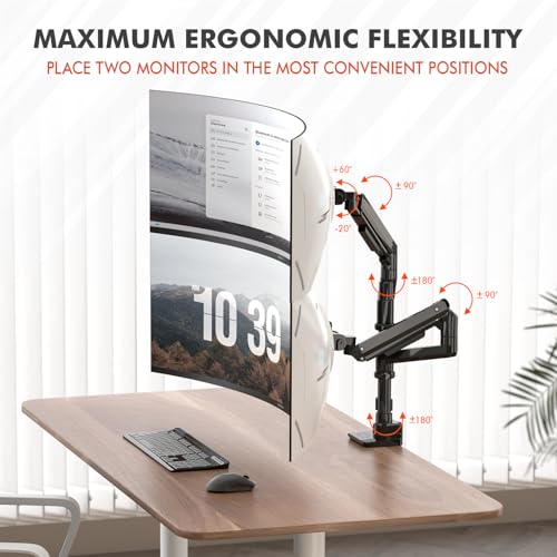 Image of Dual Monitor Arm for 17-49 Inch Ultrawide Screens - Heavy Duty Monitor Arm Desk Mount - VESA Mount with Clamp and Grommet Base - Holds Up to 44 lbs. Each
