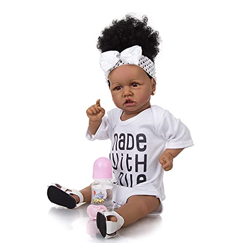Meacety Reborn Baby Dolls Black Full Silicone Vinyl with Realistic African American 22.8 inches Girl Doll Weighted Newborn Dolls Gift Set
