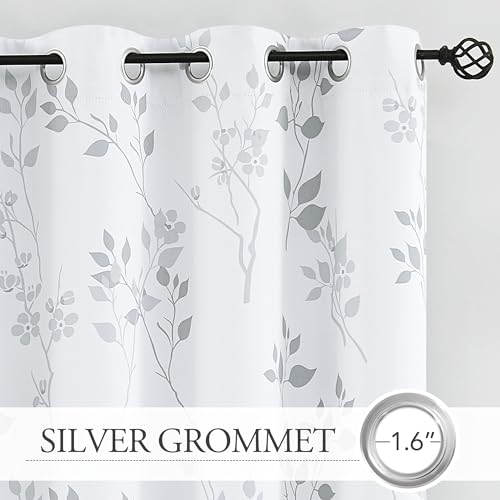Beauoop Floral Blackout Window Curtain Panels 95% Room Darkening Thermal Insulated Noise Reducing Drapes for Bedroom/Living Room Leaf Energy Saving Eyelet Window Treatment,Set of 2,50Wx72L,White/Grey - Image 3