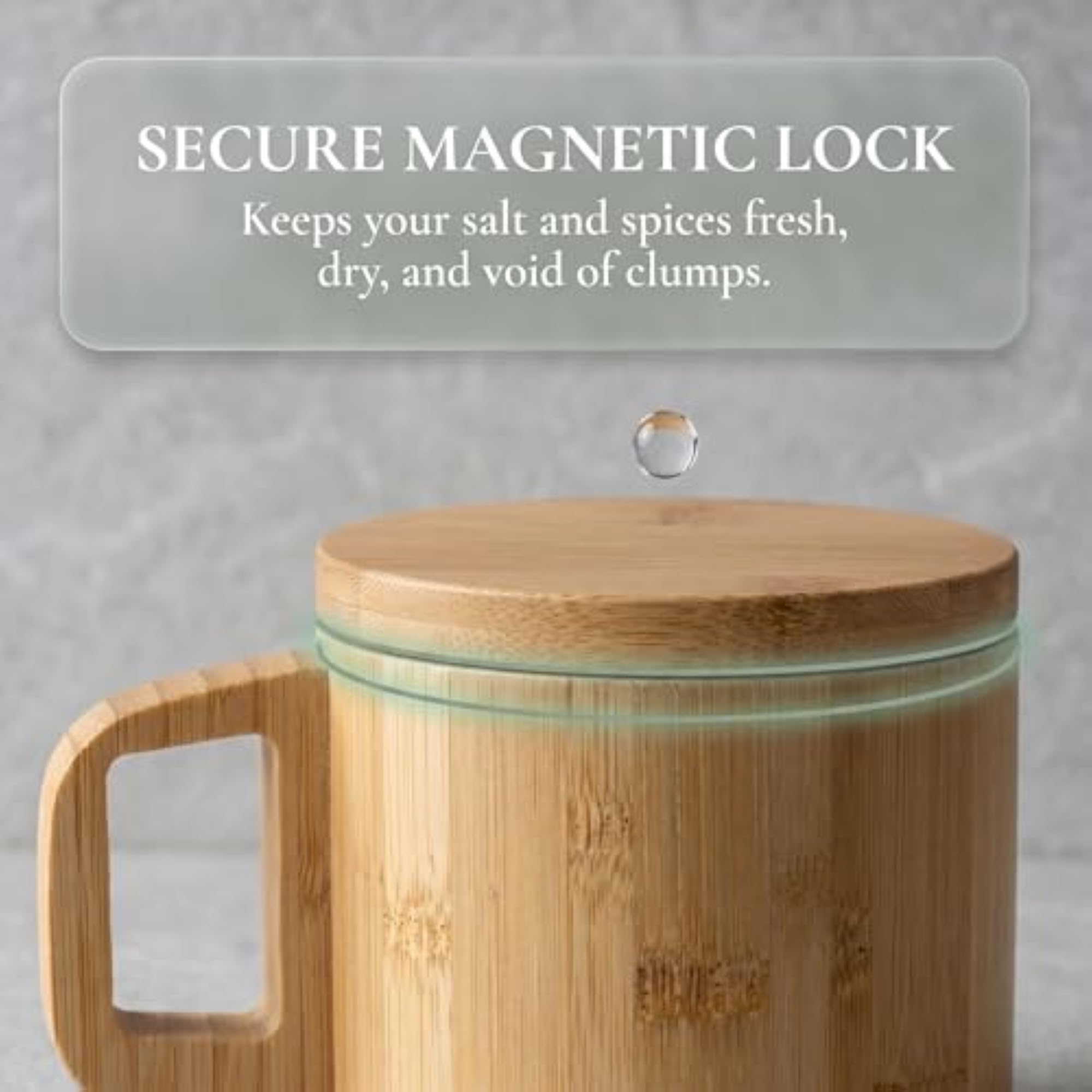 Bamboo Salt Cellar with Handle, Magnetic Swivel Lid & Spoon