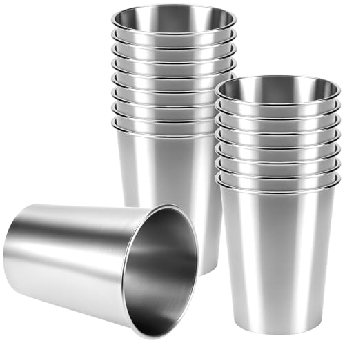 QWORK 12 Ounce Stainless Steel Pint Cups, 16 Pack 350ml 304 Steel Cup, Metal Drinking Glasses, Shatterproof Cup