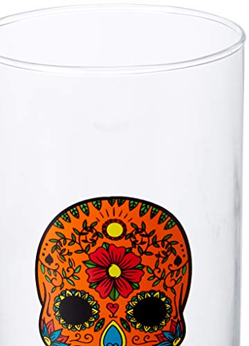 Circleware Halloween Sugar Skull Hiball Cooler, Set Of 4 Heavy Drinking Glass Tumbler Cups For Water, Juice, Milk, Beer, Whiskey, Vodka, Farmhouse Decor, 14.5 Oz, Black, White, Purple, Orange #TOP2