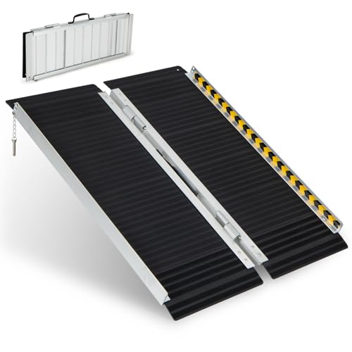HOMFME 3FT/4FT/5FT/6FT Folding Wheelchair Ramp, Telescopic Portable Threshold Ramp with Transition Plate, Reflective Warning Stickers, Aluminium Mobility Scooter Assist for Stairs Steps (3FT)