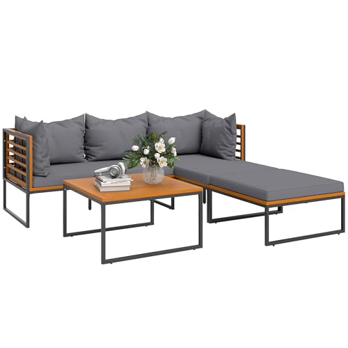 Outsunny Conjunto de Jardín Exterior de 4 Piezas Muebles Jardín Exterior en Forma de L con Sofá de Esquina, 2 Sofás de 2 Plazas y Mesa de Centro de Madera de Acacia con Cojines Acolchados Gris y Teca