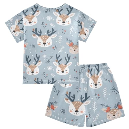 ALAZA Deer Cute Leaves Pajamas Set Short Sleeve Cotton Sleepwear Summer Pjs 2 Piece 5-14Y2
