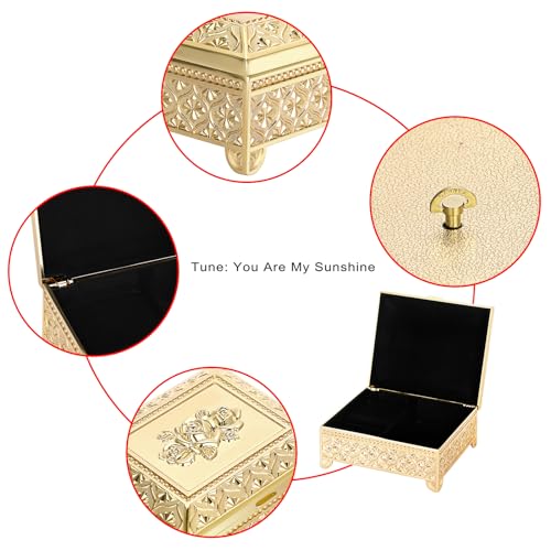ELLDOO Vintage Music Box, Gold Metal Musical Jewelry Box Keepsake Box, Rose Pattern Small Trinket Jewelry Storage Box Gift for Girl Women (Tune: You are My Sunshine)
