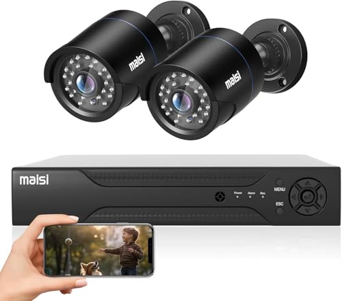 [Expandable] MAISI 3K 4 Channel DVR CCTV Security Camera System, 2x 5MP HD Outdoor Waterproof Bullet Camera, Night Vision, Motion Detection, Remote View, APP/Email Alert, NO Hard Drive