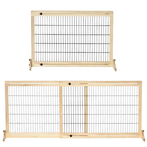 PawHut Hunde Absperrgitter aus Holz, Ausziehbares Türschutzgitter mit Fußstütze, Freistehendes Hundegitter, Treppenschutzgitter, Hundeabsperrgitter für Kamin, Ofen, Natur, 104-180 x 36 x 69 cm
