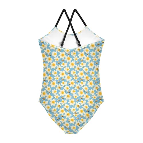 senya Girls Swimsuits One-Piece Swimwear Tie Bathing Suit Beach Summer Round Neck 5-6T Flower Yellow Bee Pattern2