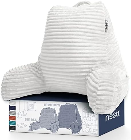 Reading Pillow – Back Pillow for Sitting in Bed, Plush Bed Chair Pillow, Standard Adult Bed Rest Pillow with Shredded Memory Foam, Bed Pillows for Sitting Up in Bed with Arms and Pockets – White